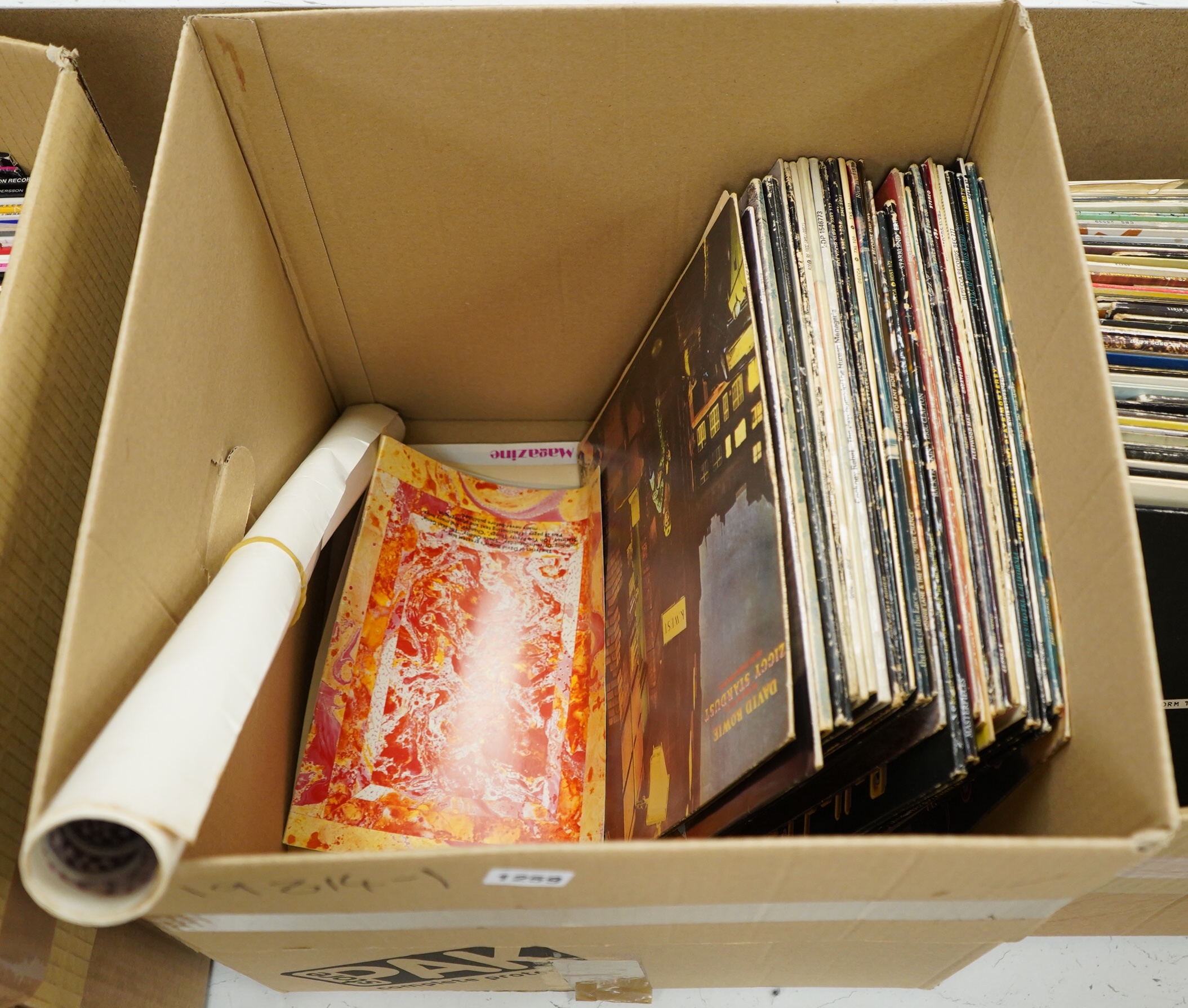 Thirty-two LP record albums, artists including David Bowie, together with issue one of the David Bowie fan club magazine and other ephemera including a David Bowie poster by George Underwood, other artists include; Led Z